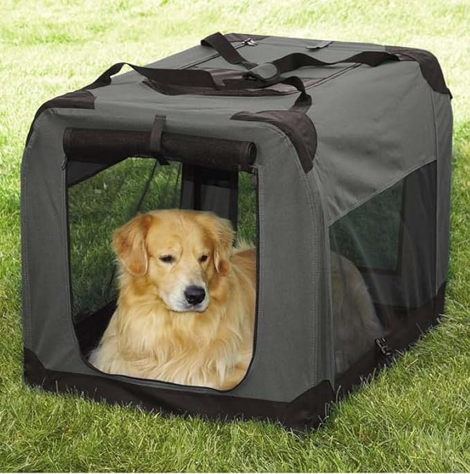 Dog Crate Soft Side Collapsible Charcoal Grey Sturdy Light Weight Portable Travel (Medium 32" x 23" x 23")