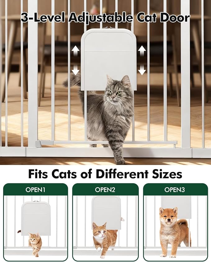 Pet Gate with Adjustable Cat Door, 31–46 Inch Pressure Mounted Dog Gate for Doorways, Stairs and Hallways, Auto Close Walk Through Metal Safety Gate, Easy Install, White