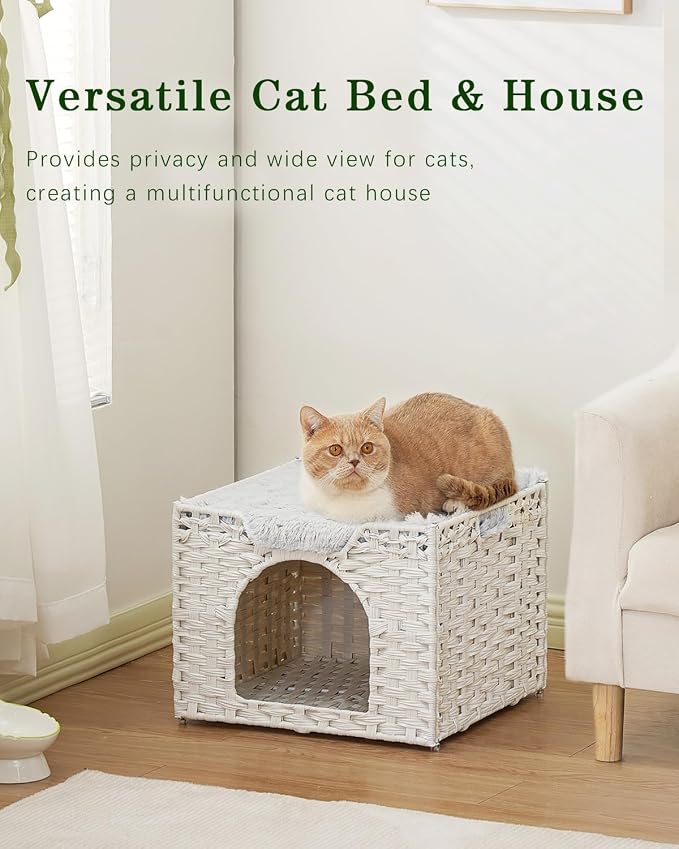 SETVSON Cat Beds Indoor Kitten House, Handwoven Rattan Cat Cave Pet Cube, Large Cat Houses, One Bed Mat, Foldable, Hideaway, 16.5x16.5x13.2 Inches, 2 S-Shaped Hooks in Living Room Bedroom White