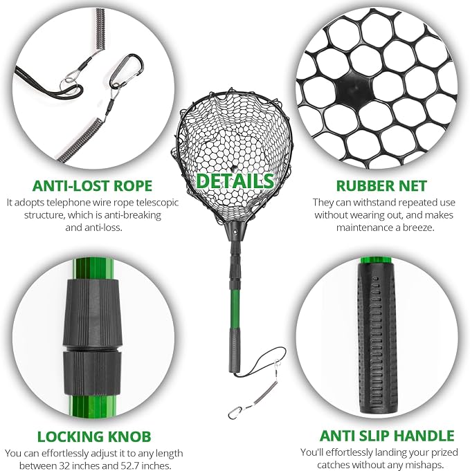 Rubber Fishing Net with Telescoping Handle - High Strength Landing Net for Fishing with Soft Rubber Netting, Two Sizes Options