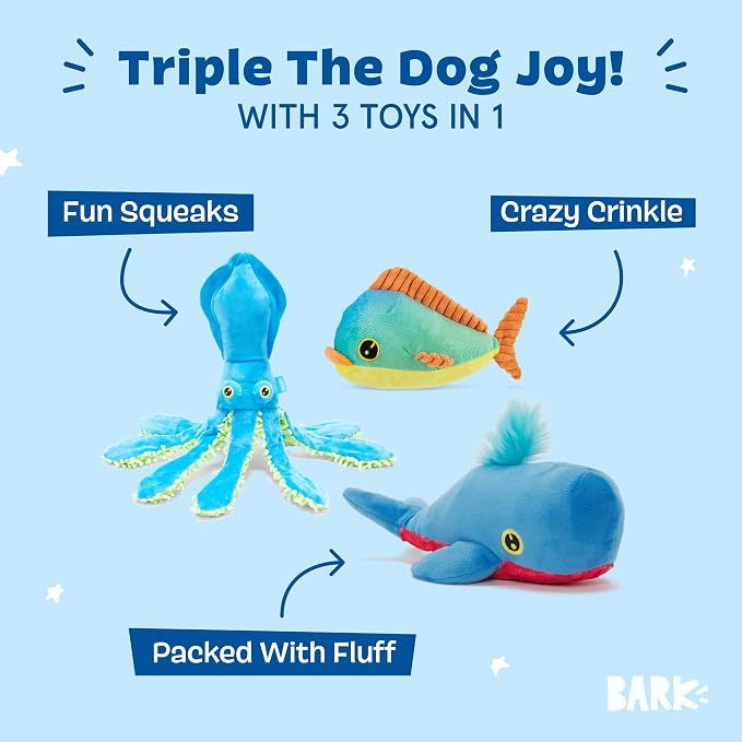 Barkbox Under The Sea Bundle - 3 Toys for Medium and Large Dogs - Squeaky Dog Toy, Tug Toy, Plush Chew Toys - Maggie Mahi, Shify Sid The Squid, Moby Lick