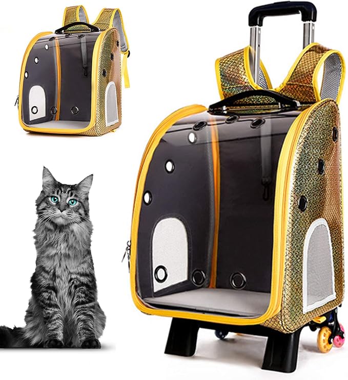Pet Travel Rolling Carrier Backpack with Removable Wheels,Portable Foldable Breathable Airline Approved Hiking Soft-Sided Carrying Bag Trolley for Small Dogs And Cats with Mesh Ventilation Windows