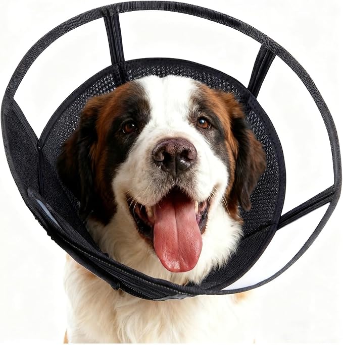 Extra Large Soft Dog Cone, 37cm / 14.5" Long Stop Licking Deep Pet Recovery Collar After Surgery, Clear Plastic Breathable Elizabethan Head Neck Circle, Adjustable Comfortable Cones (2XL Black)