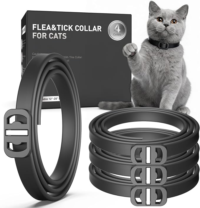 Flea and Tick Collar for Cats, 4 Pack Cat Flea Collar with Natural Essential Oils, Adjustable for All Cats & Kittens(Black)