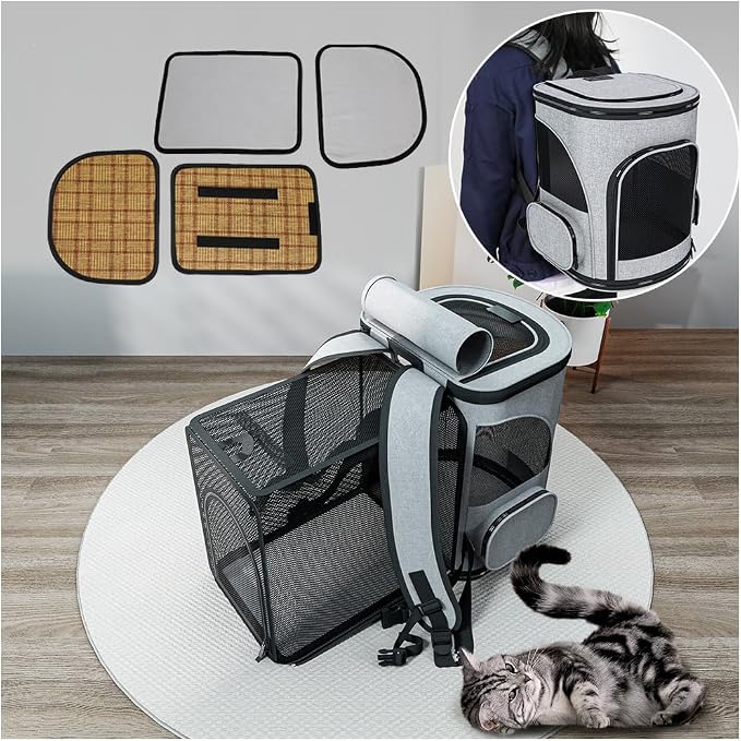 Cat Carrier Backpack, Expandable Pet Carrier with Sun Shade ，Oxford Canvas Material,Breathable Mesh Backpack for Small Dogs, Medium Cats, for Traveling, Hiking, Camping (Grey)