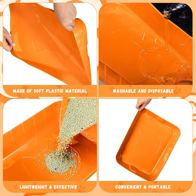 Bokon 25 Count Disposable Litter Box for Cat, Large Disposable Litter Tray for Travel Home Durable Portable Plastic Kitty Litters Boxes Leak-Resistant Easy-Grip Rim, 15.7 x 11.8 x 3 Inches(Orange)