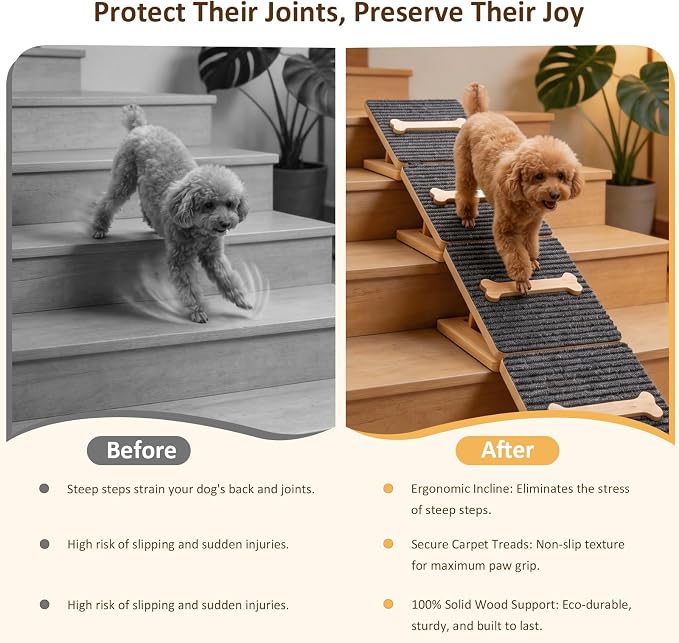 Dog Ramp for Stairs 2 Pack – Foldable Anti-Slip Wooden Pet Steps for Small Dogs, Adjustable Low-Angle Wedge Stair Ramp for Senior, Short-Legged & Injured Pets