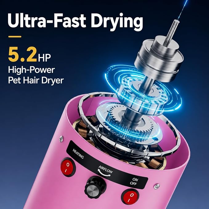 Dog Dryer High Velocity Dog Hair Dryer 5.2HP/3800W, Stepless Adjustable Speed Temperature Dogs Grooming Blow Dryer, Pet Dryer with 4 Nozzles,Blow Dryer for Dogs, Pink