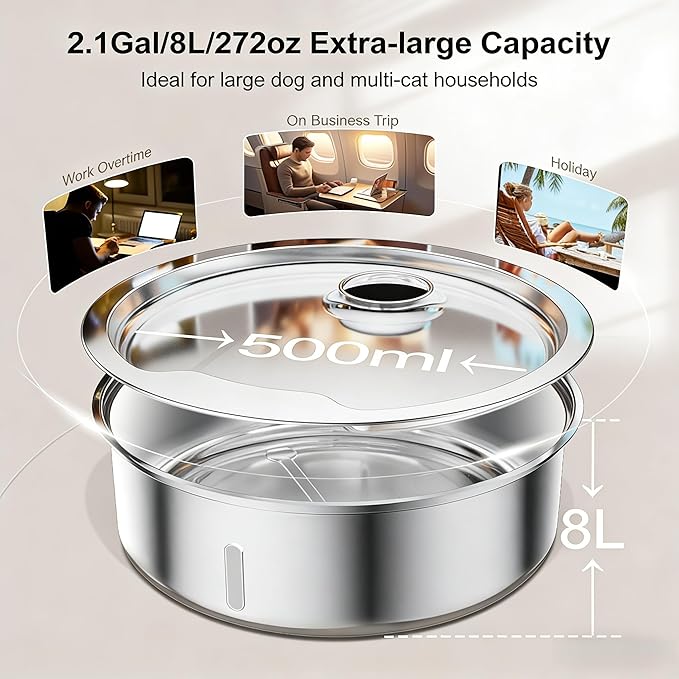 Dog Water Fountain, 8L Stainless Steel Dog Water Fountain for Large Dogs, Dog Water Bowl Dispenser, Super Quiet Pump and Replacement Filters for Cats and Dogs