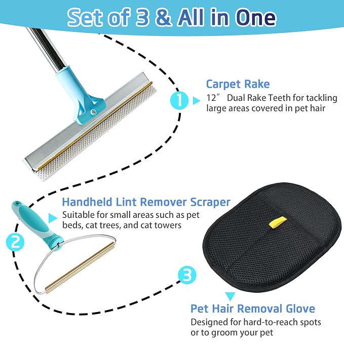 Pet Hair Remover for Carpet, Carpet Rake for Pet Hair Removal with 54" Adjustable Handle, Reusable Dog Hair Remover Broom with Copper Teeth & TPU Brush for Rugs, Couch, Mats and Pet Beds