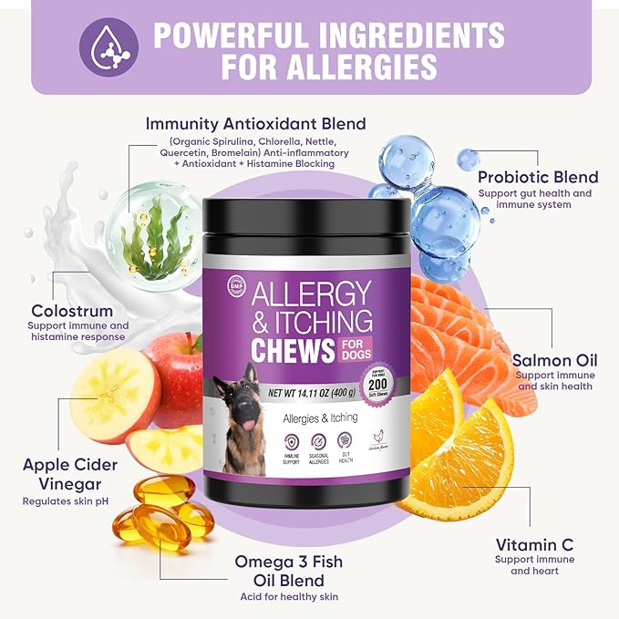 Dog Allergy Chews 200ct - Dog Allergy and Itching Skin Relief Anti Itch Aller Immune Bites for Dogs licking Paws Treatment Relief Itchy Chew Probiotics Vitamins for Skin and Coat Allergies - Chicken