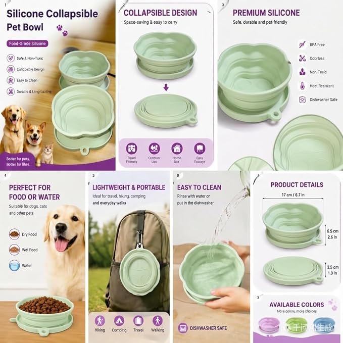 Portable Collapsible Dog Bowl, 2-in-1 Foldable Pet Feeding & Water Dish with Carabiner Lightweight Travel Bowl for Dogs & Cats, Perfect for Walking, Hiking, Camping (Green)