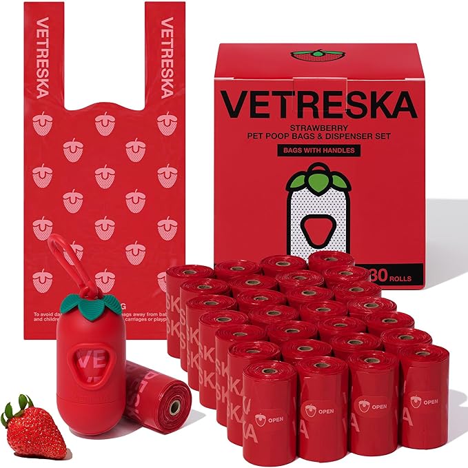 VETRESKA Dog Poop Bags with Handles 450 Count, Strawberry Scented Waste Bags, Leak-Proof Thick Dog Bags for Poop, Easy-Tie Large Poop Bags, 30 Refill Rolls with 1 Dispenser for Dog Walking Cat Litter