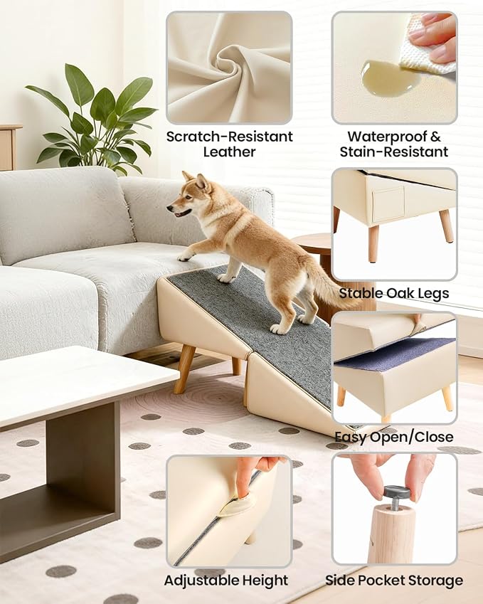 Dog Ramp for Couch & Bed, 2-in-1 Dog Stairs for Small and Medium Dogs & Cats, 16'' Indoor Pet Ramp with 23°Gentle Slope, Non-Slip Felt, Joint Protection for Senior & Injured Pets, Sturdy Ottoman-Style