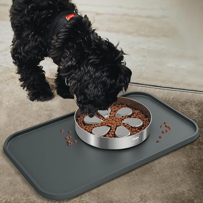 Pet Feeding Mat [Warped Resistant Raised Edge], Water-Proof Silicone Placement for Food Water Bowls, Anti-Slip Base Protect Floor, BPA-Free&Dishwasher-Safe [18.5x11.5inch Small, Gray]