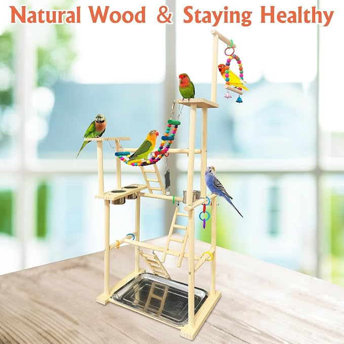 Hamiledyi Natural Wood Bird Playground Stand with 4 Large Layers - Exercise Perch and Birds Nest Straw
