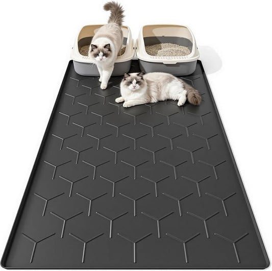 Bulkniu Extra Large Silicone Cat Litter Mat, Waterproof/Urineproof, Litter Recycling, Easy to Clean, Soft on Kitty Paws (28"X40"-Black)