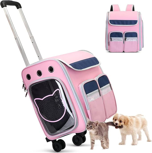 Pet Carrier Trolley Wheels for Dogs Cats,Foldable Soft-Sided Pet Travel Rolling Carrier Bag with Removable Wheels Telescopic Handle for Carrying Dogs, Cats, Pets and Accessories