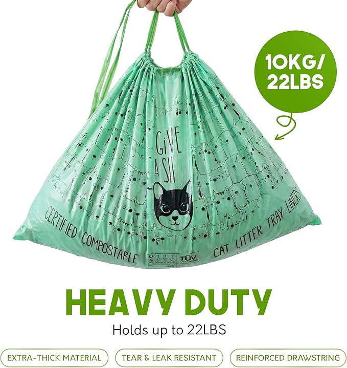 Home Compostable Cat Litter Box Liners, Jumbo XL 36” x 19” Drawstring - Extra Thick Heavy Duty Litter Box Bags, Tear Resistant & Leak-Proof Cat Liners for Easy Cleanup - Pack of 20