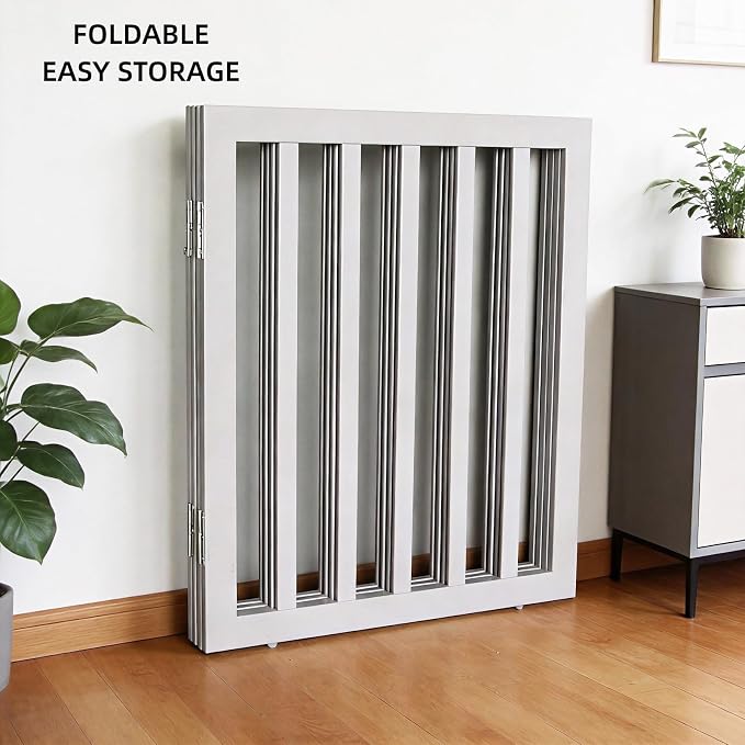 Dog Gate Indoor, Freestanding Dog Fence for The House, Doorways, Hallways,or Stairs,Pet Gate Foldable Wooden,Expandable 32" Height 4 Panels,Grey