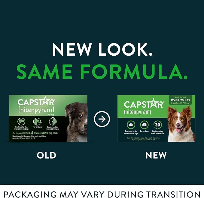 Capstar for Dogs (nitenpyram), Fast-Acting Oral Flea Treatment for Dogs Over 25+ lbs, Vet-Recommended Flea Medication Tablets Start Killing in 30 Minutes, 6 Doses