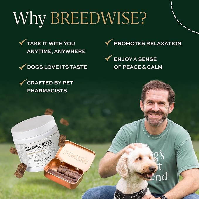 Breedwise Dog Calming Treats - Advanced Stress and Anxiety Relief Soft Chews with L-Theanine & Valerian Root - Non-Drowsy Formula for Storms, Separation & Travel - Hickory Bacon Flavor - 60 Count