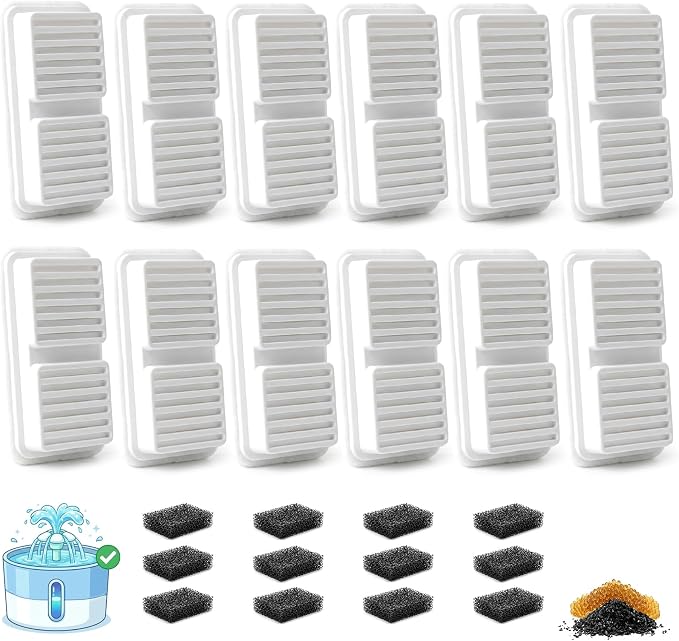 12 Pack Cat Water Fountain Filter with 12 Pre-Filter Sponges, Replacement Filters for Stainless Steel Cat Water Fountain, Multi-Layer Filtration (12, White)