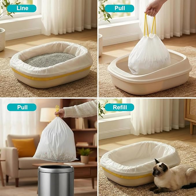 60 Pack 37"x18"Cat litter box liners – No-Tear, Easy-Pull 3MIL Leakproof Jumbo Litter Box Liners, Heavy Duty Drawstring, Boxed Packaging, Odor Control Kitty Litter Bags with Adjustable Elastic Band