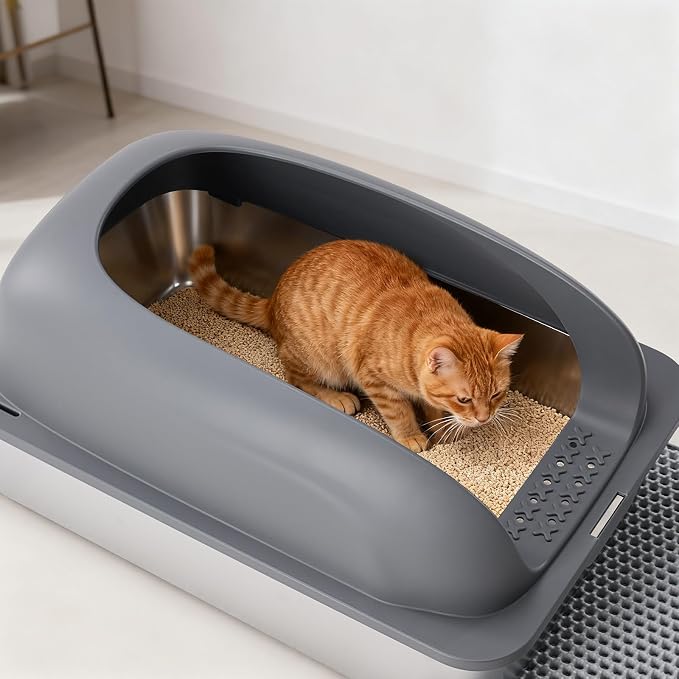 OLIXIS Stainless Steel Cat Litter Box with Lid, Large Cat Litter Box for Big Cats, High Wall Sides, Anti-Urine Leakage, Easy Cleaning, Scoop and Mat Included, Easy Cleaning, Dark Gray