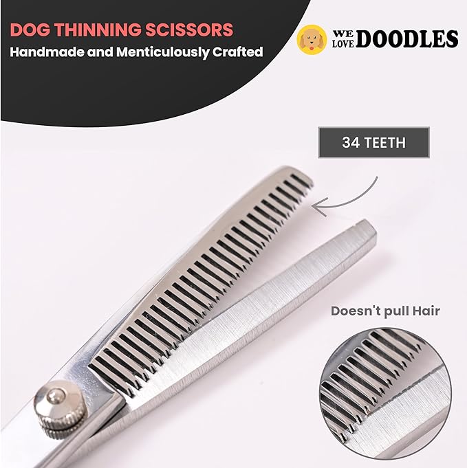 Dog Grooming Scissors Kit & Dog Dematting Rake Bundle - Straight, Curved & Thinning Shears, Grooming Kit, Professional Grade Steel, Detangler Brush for Dogs, Matted Fur Removal on Undercoat