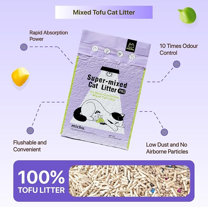 Michu Mixed Tofu Cat Litter, Flushable & Clumping Kitty Litter, Strong Odor Control, Low Tracking, Low Dust, 5.5Lb/88Oz, 1 Pack