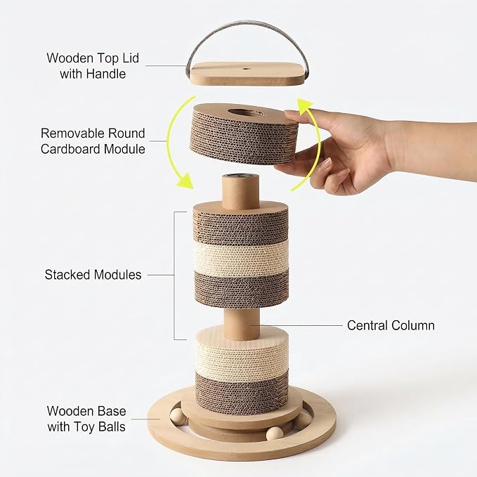 32” Tall Cat Scratching Post – Large Vertical Cardboard Cat Scratcher for Indoor Cats, Modular Replaceable Blocks, Heavy Stable Base, Modern Scratching Post for Adult & Large Cats
