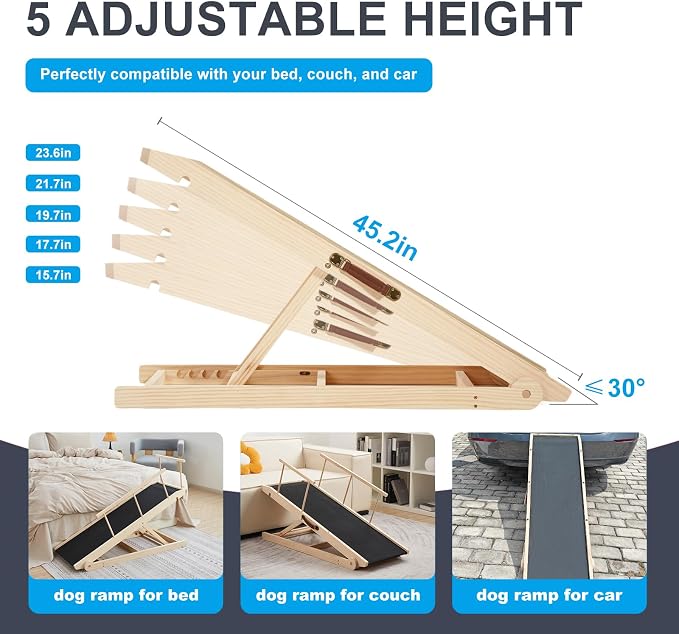 Dog Ramp for Bed and Couch, 5 Height Adjustable Solid Wood Pet Ramp for Small, Medium & Large Dogs, Collapsible Anti-Slip Dog Ramp for Sofa, Couch & Beds(Wood, 115)
