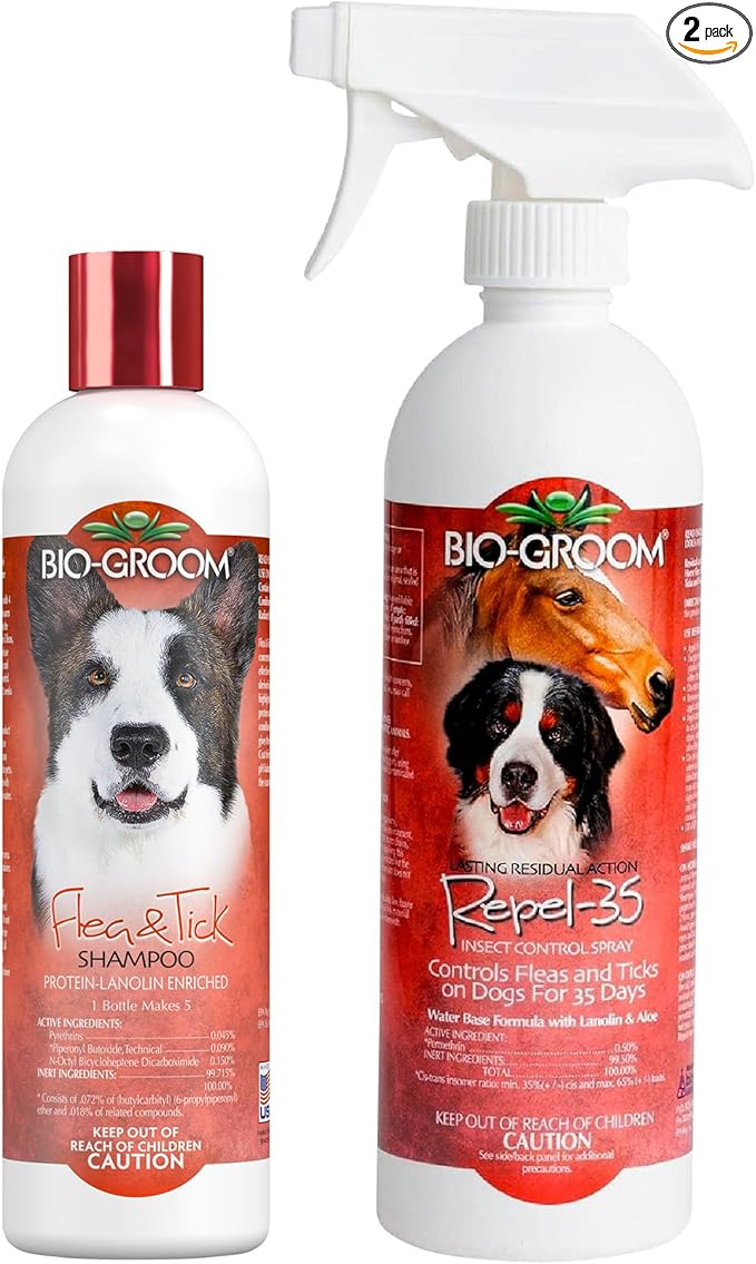 Bio-Groom Flea & Tick Dog Shampoo & Repel 35 Spray - Flea & Tick Prevention Treatment for Dogs & Cats, Natural Fly Repellent for Dogs & Horses, Cruelty-Free, Made in USA - Pack of 2