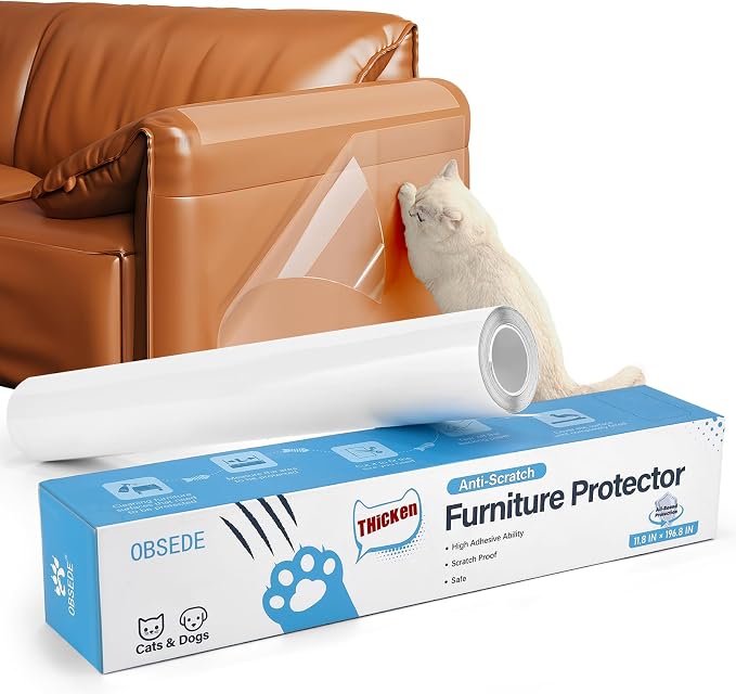 OBSEDE Cat Scratch Furniture Protector - Couch Protector from Cat Claws Plastic Cover Adhesive Clear Flexible Sofa Guard Single Side Sticky Deterrent Training Tape Easy to Apply, 11.8 × 196.8 in