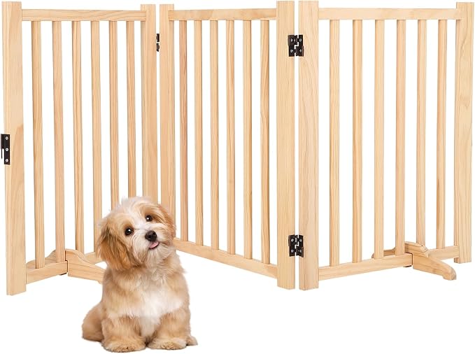 Wooden Freestanding Dog Gate, Foldable Pet Gate with Support Feet, Indoor Dog Fence for The House,Doorways, Stairs，Expandable Pet Fence -3 Panel H:24”