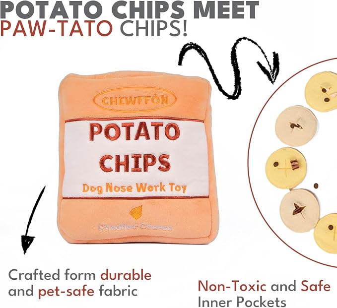 CHEWFFON Dog Enrichment Puzzle Bundle: Interactive Birthday Cake, Slow Feeding Crinkle Gift Nose Work Potato Chips Puzzle Toys for Small, Medium, & Large Dogs (Includes Level 2 Stimulating Treats)