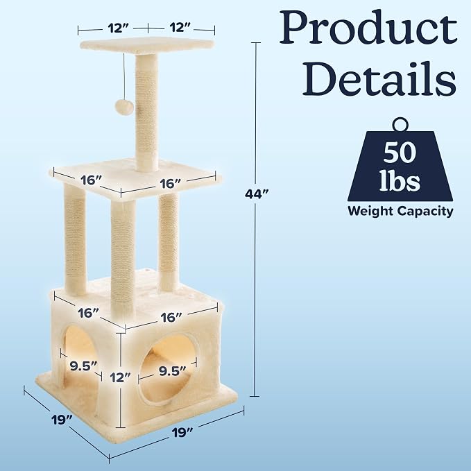44 Inch Tall Cat Tree Tower - Cat Tower with Napping Perches, Kitten Condo, 4 Rope Scratching Posts, and Hanging Toy - Multi-Level Kitten Tree and Climbing Activity Furniture by PETMAKER (Beige)