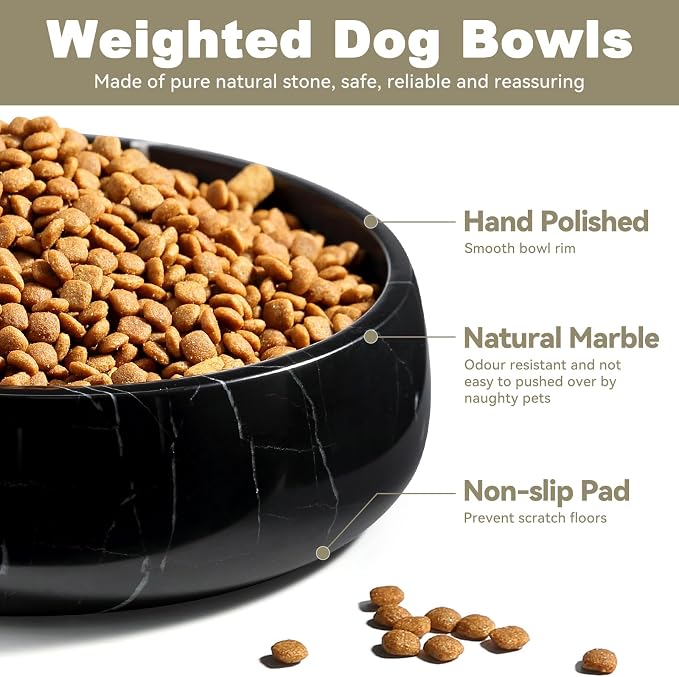 Karibiber Natural Marble Dog Bowl, 5lbs Non Slip Dog Food Bowl, Non Spill Weighted Water Bowls for Large Dogs, Durable Big Dogs Dish, Puppy Pet Bowls, Easy to Clean, Holds 6.5 Cups(Spain Black)