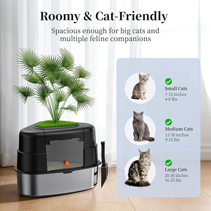 Chumajor XXL Stainless Steel Corner Cat Litter Box with Lid, Enclosed Hidden Plant Litter Box with Artificial Plant, Easy-Clean Covered Decorative Litter Box for Large Cats, Black