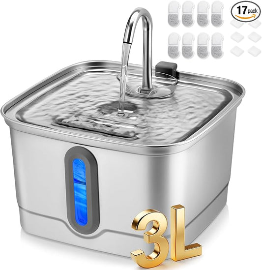 SEIRMEP Stainless Steel Cat Water Fountain, 101oz/3L Automatic Pet Water Fountain, Dog Water Fountain with Replacement Filters for Cats, Small Dogs (8 Filters and 8 Sponges)