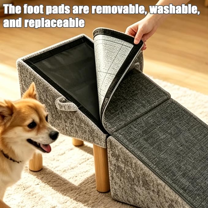 Split Ottoman Dog Ramp for Small Dogs and Cats – 2-in-1 Foldable Wooden Pet Ramp and Stairs for Couch and Low Bed, or Ottoman, Non-Slip and Portable, Grey
