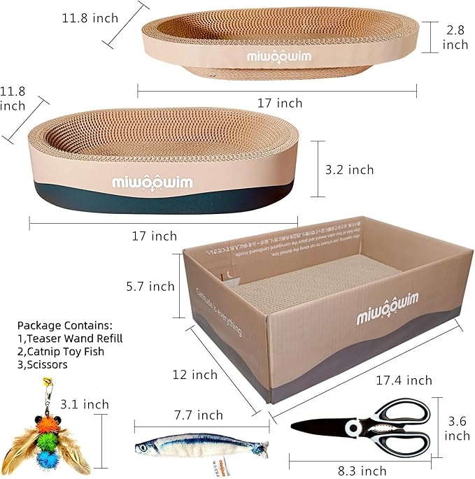 miwoowim 3-Piece Cat Scratcher Set, Oval Bowl Nest for Indoor Cats | 2 oval bed &1 box for scratching & lounging,Durable round corrugated cardboard pad & catnip toy.Furniture protector for couch