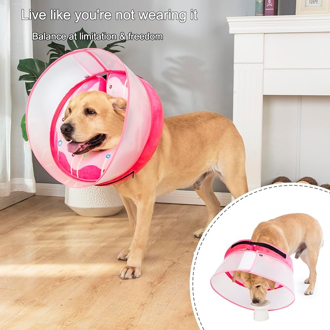 Inflatable Dog Cone Collar for Large Medium Small Dogs, Soft Dog Donut Collar Adjustable Recovery Cone for Pets After Surgery, Extra Enhanced Anti-Licking Guard Shield (Pink Donut, Medium Plus)