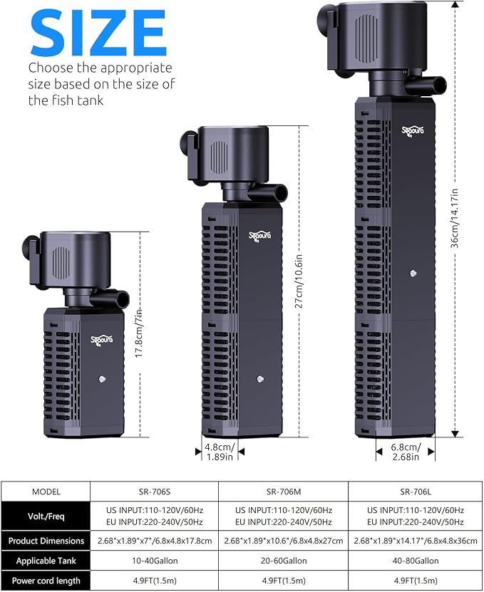 SEAOURA Fish Tank Filter for 20-60 Gallon Tank,with Timer U - V Aquarium Filter for Turtle Tank Saltwater Freshwater Crystal Clear