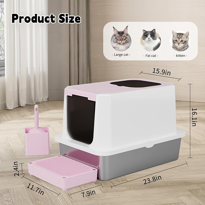 RIZZARI Large Enclosed Stainless Steel Cat Litter Box – Top & Front Entry, High-Sided Anti-Tracking Non-Stick Pan with Odor Control for Bedrooms, Living Rooms & Indoor Spaces