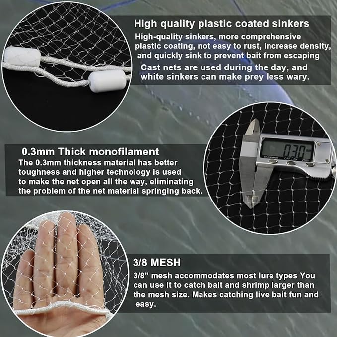 Drasry Saltwater Fishing Cast Net 3/8 and 1/4 Mesh with Heavy Duty Gray Sinker American Monofilament Fish Throw Net for Bait Trap 3FT 4FT 5FT 6FT 7FT 8FT 9FT Radius