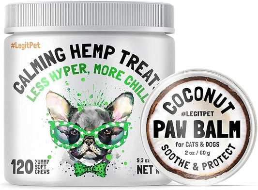 LEGITPET Calming Hemp Treats for Dogs 120 Soft Chews and Dog Paw Balm Wax Soother & Moisturizer Cream with Natural Food-Grade Coconut Oil, Organic Shea Butter & Beeswax 2 oz Bundle