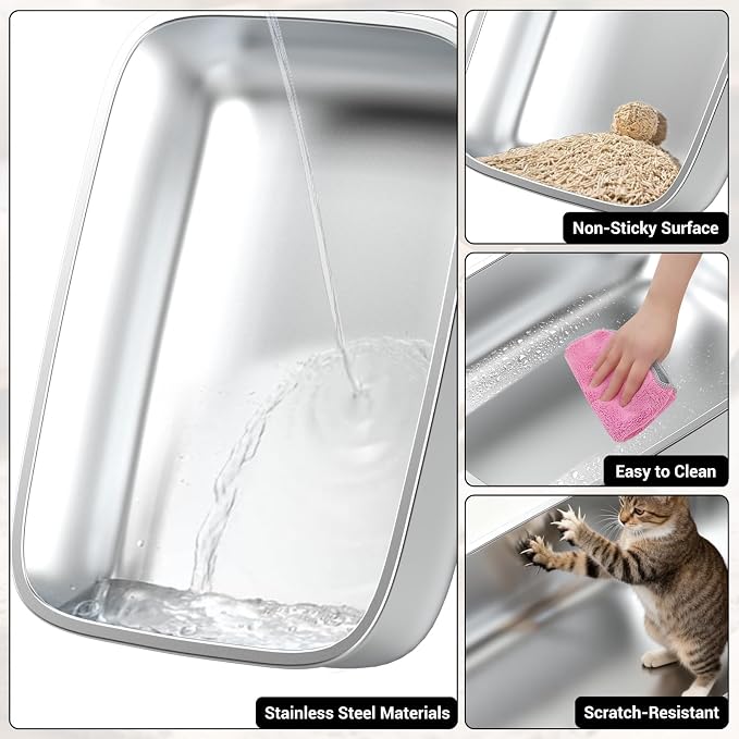Stainless Steel Cat Litter Box with Lid, Extra Large Cat Litter Box for Large Cats, Metal Litter Boxs with High Sided Enclosed and Scoop, Easy to Clean, Top Entry, Odor Control, Black