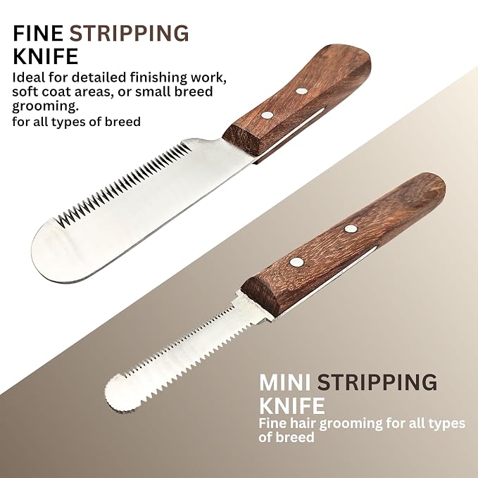 Professional Stripping Knife Kit for Dogs & Pets – 6 Piece Grooming Set with Wooden Handle – Pet Grooming Tools for Hand Stripping & Deshedding